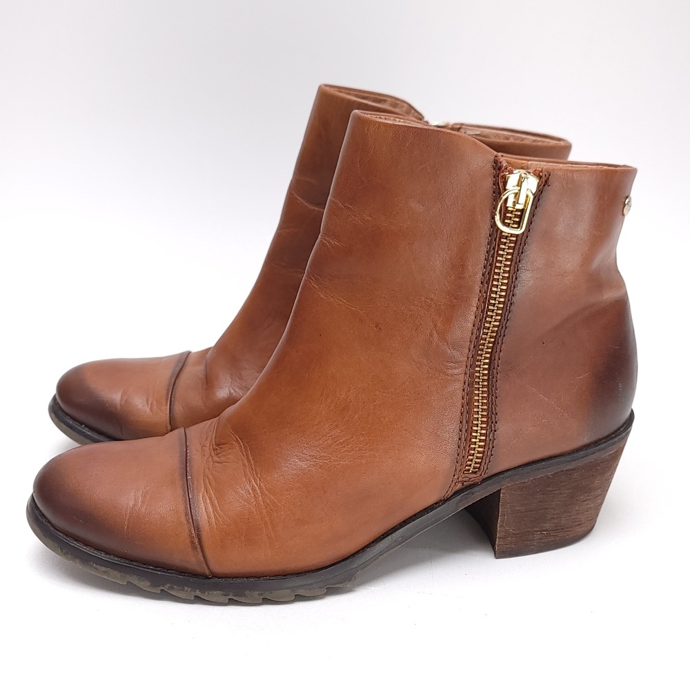 Pikolinos Womens Tan Brown Leather Cap‎ Toe Ankle Boots Zip Block Heel 39
